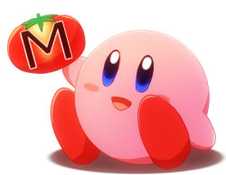 Rule 34 | 1boy, blush, food, happy, kirby, kirby (series), lowres, male focus, nintendo, onyuuuu, open mouth, sitting, solo, tomato