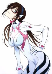 Rule 34 | 1girl, absurdres, blue eyes, bodysuit, breasts, brown hair, commentary, evangelion: 3.0+1.0 thrice upon a time, glasses, gloves, hair ornament, hairband, hand on own hip, hand up, highres, long sleeves, looking at viewer, makinami mari illustrious, medium breasts, neon genesis evangelion, nishigori atsushi, official art, parted lips, plugsuit, rebuild of evangelion, red-framed eyewear, simple background, skin tight, smile, solo, turtleneck, white background, white bodysuit