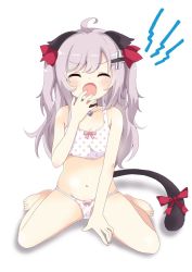 Rule 34 | 1girl, animal ears, barefoot, breasts, cat ears, cat tail, commentary request, ears down, closed eyes, fang, full body, long hair, massala, navel, open mouth, original, purple hair, sitting, small breasts, solo, tail, tears, two side up, underwear, underwear only, wariza, yawning