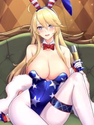 Rule 34 | 1girl, alcohol, alternate costume, animal ears, blonde hair, blue eyes, blue leotard, blush, breasts, cleavage, cup, detached collar, fake animal ears, gloves, hair between eyes, holding, holding cup, iowa (kancolle), kantai collection, large breasts, leotard, long hair, odachu, open mouth, pantyhose, playboy bunny, rabbit ears, sitting, solo, star-shaped pupils, star (symbol), star print, symbol-shaped pupils, white pantyhose