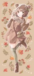 Rule 34 | 1girl, absurdres, animal ears, ankle boots, arms up, autumn, bag, bear ears, boots, brown eyes, brown footwear, brown hair, brown skirt, brown vest, charm (object), commentary request, cross-laced footwear, flower, full body, green thighhighs, hair ribbon, handbag, highres, hoshiibara mato, leaf, leaf background, leaning to the side, long sleeves, looking at viewer, maple leaf, open mouth, original, outline, over-kneehighs, plaid, plaid shirt, red flower, ribbon, shirt, short hair, skirt, standing, standing on one leg, thighhighs, vest