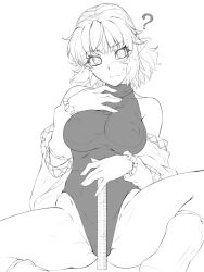 Rule 34 | 1girl, ?, arm warmers, black leotard, confused, highres, leotard, mizuhashi parsee, off shoulder, ootsuki wataru, ruler, short hair, simple background, solo, thick thighs, thighs, touhou, white background