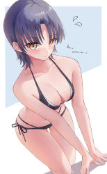 Rule 34 | 1girl, 200f (nifu), absurdres, bare arms, bare shoulders, bikini, black bikini, black hair, black ribbon, blue background, blush, breasts, brown eyes, cleavage, closed mouth, collarbone, dutch angle, flying sweatdrops, highres, looking at viewer, original, parted bangs, photoshop (medium), ribbon, short hair, side-tie bikini bottom, solo, swimsuit, thigh gap, translation request, two-tone background, white background