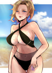 Rule 34 | 1girl, absurdres, beach, bikini, bikini tan, black bikini, blonde hair, blue eyes, blue sky, blurry, blurry background, breasts, cleavage, cloud, collarbone, condom, covered navel, cowboy shot, criss-cross halter, cum, cum on body, cum on upper body, day, dripping, facial, halterneck, heart, heart-shaped pupils, high ponytail, highres, large breasts, looking at viewer, mercy (overwatch), ocean, outdoors, outline, overwatch, overwatch 1, red outline, sand, shore, sky, smile, solo, standing, swimsuit, symbol-shaped pupils, tan, tanline, thigh gap, tinnies, tongue, tongue out, twitter username
