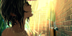 Rule 34 | 1girl, black hair, blurry, blurry background, close-up, closed mouth, collarbone, fisheye placebo, hair over eyes, jen (fisheye placebo), nude, profile, short hair, showering, solo, towel, water, wet, yuumei