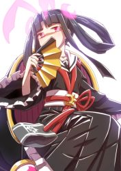 Rule 34 | 1girl, black hair, hand fan, hair ribbon, hair rings, japanese clothes, kaguyahime (mary skelter), mary skelter, mizunashi (second run), pink eyes, ribbon, solo, twintails