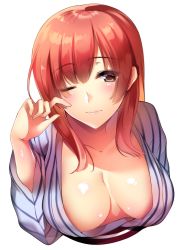 Rule 34 | 1girl, blush, breasts, cleavage, downblouse, hanpen (hannpenn2), looking at viewer, no bra, one eye closed, original, red hair, simple background, solo, white background, yellow eyes
