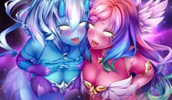 Rule 34 | 2girls, blue horns, blue lips, blue nails, blue skin, blue tail, blush, breasts, colored skin, fingernails, game cg, glowing, glowing eyes, highres, horns, hunie (series), huniepop 2, huniepop 2: double date, jewn (huniepop), moxie (huniepop), multiple girls, ninamo, nymphojinn (species), official art, pink lips, pink skin, sharp fingernails, space, tail, teeth, tongue, tongue out, upper teeth only, yellow eyes, yellow glowing eyes