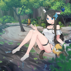 Rule 34 | 1girl, aina (mao lian), animal ear fluff, animal ears, bag, bare shoulders, barefoot, black hair, blue eyes, bracelet, breasts, bug, butterfly, cat ears, cat tail, choker, dress, fish, flower, hair flower, hair ornament, highres, insect, jewelry, lifted by tail, mao lian (nekokao), medium breasts, original, outdoors, parted bangs, shoes, unworn shoes, sitting, solo, strapless, strapless dress, tail, thigh strap, water