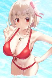 Rule 34 | 1girl, absurdres, bare shoulders, bikini, bird, blonde hair, blush, bob cut, breasts, clenched hand, closed mouth, collarbone, day, finger gun, front-tie bikini top, front-tie top, hair ribbon, hakamaboooots, hand on own hip, hand up, highres, jewelry, large breasts, lycoris recoil, navel, nishikigi chisato, one side up, outdoors, owl, pendant, red bikini, red eyes, red ribbon, ribbon, short hair, smile, solo, stomach, sunlight, swimsuit, wading, water, wet