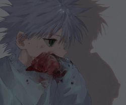 Rule 34 | 1boy, bad id, bad twitter id, blood, blood on clothes, blood on hands, fingernails, from side, green eyes, highres, hunter x hunter, killua zoldyck, long fingernails, long sleeves, male focus, shadow, silver hair, simple background, solo, spiked hair, sweater, toripippi 7, upper body, wiping face