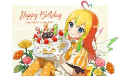 Rule 34 | 1girl, absurdres, alternate costume, angel wings, birthday cake, blonde hair, blush, cake, commentary request, english text, flower, food, happy birthday, highres, indie virtual youtuber, long hair, looking at viewer, plate, simple background, smile, solo, sparkling eyes, virtual youtuber, wings, yumekana lua