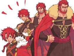 Rule 34 | 1boy, age progression, alexander (fate), braid, cape, cowboy shot, crossed arms, fate/grand order, fate/zero, fate (series), fur trim, grin, hands on own hips, iskandar (fate), long hair, male focus, muscular, natsu yasai, ponytail, red cape, red eyes, red hair, simple background, single braid, smile, white background