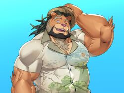 Rule 34 | 1boy, animal ears, arsalan (housamo), bara, beard, biceps, blue background, chest hair, commentary request, facial hair, fangs, furry, furry male, hat, holding, holding clothes, holding hat, kira nerisu, lion boy, lion ears, lion mane, looking at viewer, male focus, muscular, muscular male, official alternate costume, one eye closed, open mouth, pectorals, ponytail, red eyes, smile, straw hat, tokyo houkago summoners, upper body