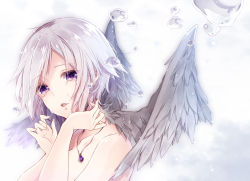 Rule 34 | 1girl, bare shoulders, crying, feathered wings, gradient background, grey wings, jewelry, original, parted lips, pendant, purple eyes, sherypton, short hair, silver hair, solo, tears, upper body, water drop, wings