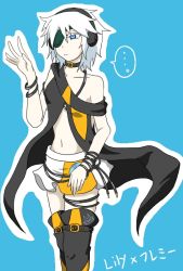 Rule 34 | 1girl, bare shoulders, blue eyes, boots, bracelet, breasts, coat, cosplay, eyepatch, flamie speeddraw, jewelry, lily (vocaloid), navel, rokka no yuusha, short hair, skirt, thigh boots, thighhighs, vocaloid, white hair