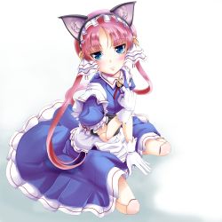 Rule 34 | 10s, 1girl, android, animal ears, apron, blue eyes, cat ears, clarion, dress, gloves, hairband, joints, koukaku no pandora, long hair, looking at viewer, m yumi fuwawa, maid, maid apron, no tail, pink hair, robot joints, solo, twintails, white background, yumibakama meme