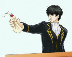 Rule 34 | 1boy, ace attorney, arm up, ascot, black hair, black jacket, black vest, blue background, cigarette, clenched hand, clenched teeth, gintama, godzillapigeon1, grey eyes, half-closed eyes, hijikata toushirou, holding, jacket, long sleeves, male focus, mouth hold, open clothes, open jacket, outstretched arm, pastry bag, short hair, sidelocks, simple background, solo, squirting liquid, teeth, upper body, v-shaped eyebrows, vest, white ascot