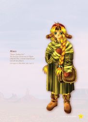 Rule 34 | 1girl, animal ears, antenna hair, artbook, bag, blue sky, boots, braid, brown footwear, brown gloves, character name, cloak, concept art, desert, english text, full body, gloves, hair over shoulder, hat, leather, long hair, long sleeves, mariel (wild arms), official art, over shoulder, red hat, rock, single braid, sky, solo, standing, striped, text focus, vertical stripes, very long hair, white background, wild arms, wild arms 1