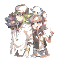 Rule 34 | 1boy, 1girl, arm grab, bag, baseball cap, black headwear, black vest, blue eyes, blue shorts, blush, brown hair, closed mouth, cowboy shot, creatures (company), cropped legs, denim, denim shorts, eye contact, flat chest, game freak, gen 5 pokemon, green eyes, green hair, hand up, happy, hat, highres, hilda (pokemon), jewelry, long hair, long sleeves, looking at another, looking to the side, matching hair/eyes, n (pokemon), necklace, nintendo, on head, open mouth, oshawott, pink headwear, poke ball symbol, poke ball theme, pokemon, pokemon (creature), pokemon bw, pokemon on head, ponytail, shirt, short shorts, shorts, simple background, sleeveless, sleeveless shirt, smile, standing, teeth, unapoppo, undershirt, vest, watch, white background, white shirt, wristwatch, zorua