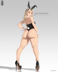 Rule 34 | 1girl, absurdres, animal ears, arm tattoo, ass, bare legs, blonde hair, butt crack, danfer3, detached collar, fake animal ears, fake tail, full body, green eyes, grey background, hand on own hip, high heels, highres, huge ass, kneepits, leotard, looking back, original, playboy bunny, rabbit ears, solo, strapless, strapless leotard, tail, tattoo, wrist cuffs