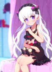 Rule 34 | 1girl, absurdres, bare arms, bare shoulders, black bow, black dress, black hairband, black hat, blurry, blurry background, blush, bow, bowtie, closed mouth, collarbone, comiket 93, commentary request, curtains, depth of field, dress, fate/extra, fate (series), feet out of frame, frilled dress, frills, hairband, hat, highres, hugging object, nursery rhyme (fate), purple eyes, red bow, red bowtie, sitting, sleeveless, sleeveless dress, smile, solo, striped bow, stuffed animal, stuffed rabbit, stuffed toy, top hat, yuya090602
