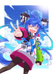 Rule 34 | 1girl, :d, ^ ^, ahoge, animal ears, blue hair, brown pantyhose, closed eyes, commentary request, day, facing viewer, harada (sansei rain), highres, hood, hood down, hoodie, horse ears, horse girl, horse tail, long hair, long sleeves, open mouth, outstretched arm, pantyhose, puffy long sleeves, puffy sleeves, shaded face, sharp teeth, smile, solo, sweat, tail, teeth, twin turbo (umamusume), twintails, umamusume, v, v-shaped eyebrows, very long hair, white hoodie