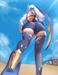 Rule 34 | 1girl, ass, ass focus, bare shoulders, black thighhighs, blue hair, boots, cameltoe, eula (genshin impact), from behind, from below, genshin impact, gloves, high heel boots, high heels, highres, kt, long hair, scarf, shiny clothes, shiny skin, short shorts, shorts, solo, thigh boots, thighhighs, thighs