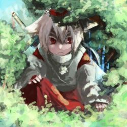 Rule 34 | 1girl, albino, animal ears, colored eyelashes, day, detached sleeves, female focus, frown, hair between eyes, hat, inubashiri momiji, jewelry, looking away, looking to the side, lowres, nature, necklace, outdoors, pom pom (clothes), red eyes, rope, short hair, sky, solo, sword, takishima asaka, tokin hat, touhou, tree, turtleneck, weapon, weapon on back, white hair, wolf ears