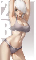 12hoshinoutau 1girl 2b_(nier:automata) absurdres armpits arms_up bra grey_bra grey_eyes grey_panties hair_over_one_eye highres medium_hair navel nier:automata nier_(series) panties short_hair solo stomach underwear white_hair