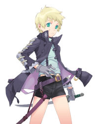 Rule 34 | 1girl, androgynous, aqua eyes, belt, blonde hair, buckle, fighting stance, holding, holding weapon, jacket, long sleeves, looking at viewer, nakatomi ryo, nakatomi ryou, open clothes, open jacket, original, sheath, short hair, shorts, simple background, solo, standing, suspenders, sword, unsheathed, weapon, white background