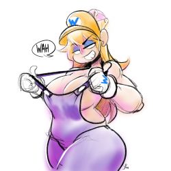 Rule 34 | 1girl, blonde hair, breasts, cleavage, commentary, crown, fat, gender request, genderswap, gloves, grin, hat, highres, jon-bliss, large breasts, long hair, mario (series), new super mario bros. u deluxe, nintendo, overalls, parted lips, signature, simple background, sketch, smile, solo, super crown, wario, white background, wide hips