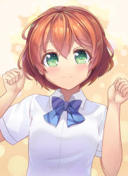 Rule 34 | 10s, 1girl, :&gt;, alternate eye color, blue bow, blue bowtie, blush, bow, bowtie, clenched hands, closed mouth, collared shirt, colored eyelashes, dress shirt, eyebrows, hair between eyes, head tilt, hoshizora rin, looking at viewer, love live!, love live! school idol project, motokonut, one side up, orange background, orange hair, school uniform, shirt, short hair, smile, solo, striped bow, striped bowtie, striped clothes, striped neckwear, upper body, white shirt, wing collar