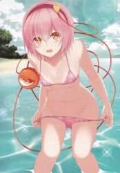 Rule 34 | 1girl, absurdres, bikini, bikini pull, blue sky, blush, breasts, clothes pull, cloud, cloudy sky, collarbone, day, eyeball, groin, hair between eyes, hair ornament, hairband, heart, heart hair ornament, highres, horizon, komeiji satori, legs apart, looking at viewer, midriff, mikoma sanagi, navel, non-web source, ocean, open mouth, outdoors, pink bikini, pink eyes, pink hair, pulled by self, scan, short hair, sky, small breasts, solo, stomach, swimsuit, third eye, touhou, tree, undressing, water