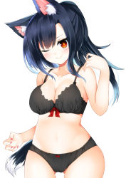Rule 34 | 1girl, ;), animal ear fluff, animal ears, azur lane, bare arms, bare shoulders, black bra, black hair, black panties, bow, bow bra, bow panties, bra, breasts, cleavage, closed mouth, collarbone, cowboy shot, fingernails, gluteal fold, hand up, hidaka0503, legs apart, long hair, looking at viewer, medium breasts, nail polish, navel, one eye closed, orange eyes, panties, ponytail, red bow, shigure (azur lane), smile, solo, tail, underwear, v-shaped eyebrows, wolf ears, wolf girl, wolf tail
