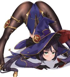 Rule 34 | 1girl, arm support, ass, asymmetrical bangs, black gloves, black hair, blush, brown pantyhose, closed mouth, crescent, crescent hat ornament, detached sleeves, genshin impact, gloves, gradient legwear, green eyes, hat, hat ornament, highres, jack-o&#039; challenge, kuwahara taiki, leotard, long hair, long sleeves, mona (genshin impact), pantyhose, print pantyhose, purple leotard, purple pantyhose, simple background, solo, sparkle print, spread legs, thighlet, top-down bottom-up, twintails, v-shaped eyebrows, very long hair, white background, witch hat