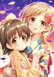Rule 34 | 2girls, :d, aiba yumi, akagi miria, argyle, argyle clothes, argyle kimono, black hair, blush, bow, brown eyes, brown hair, commentary request, floral background, hair between eyes, hair bow, hair intakes, highres, holding hands, idolmaster, idolmaster cinderella girls, interlocked fingers, japanese clothes, kimono, long sleeves, looking at viewer, multiple girls, open mouth, parted bangs, parted lips, petals, pink bow, print kimono, red bow, regular mow, smile, wide sleeves, yellow kimono