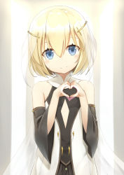Rule 34 | 1girl, blonde hair, blue eyes, blush, closed mouth, detached sleeves, dress, flat chest, hair between eyes, hands up, heart, heart hands, heijialan, light smile, looking at viewer, original, see-through silhouette, short hair, solo, tareme, upper body, white dress