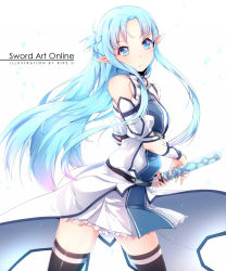 Rule 34 | 10s, 1girl, artist name, asuna (sao), asuna (sao-alo), blue eyes, blue hair, copyright name, detached sleeves, highres, long hair, matching hair/eyes, petals, pointy ears, ripe.c, simple background, solo, sword, sword art online, thighhighs, weapon
