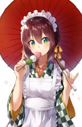 Rule 34 | 1girl, apron, blush, braid, brown hair, checkered clothes, checkered kimono, commentary request, dango, dumpling, eating, food, green eyes, hair between eyes, headband, highres, holding, holding umbrella, japanese clothes, kappougi, kimono, looking at viewer, maid, nonono (nononotea), oil-paper umbrella, original, sanshoku dango, side braid, simple background, skewer, solo, standing, tagme, traditional clothes, umbrella, upper body, wa maid, wagashi, white background, wide sleeves