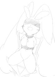 Rule 34 | animal nose, arms behind back, bdsm, blindfold, blush, body fur, bondage, bound, bound arms, breasts, chair, collar, creatures (company), from above, game freak, gen 4 pokemon, greyscale, head back, kajiura, lopunny, medium breasts, monochrome, navel, nintendo, on chair, open mouth, pokemon, pokemon (creature), rabbit ears, rabbit girl, simple background, sitting, sketch, white background
