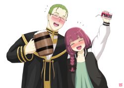 Rule 34 | 1boy, 1girl, barrel mug, beer mug, black robe, bocchi the rock!, braid, closed eyes, commentary, commentary request, crossover, cup, drunk, english commentary, finalcake, glasses, green hair, hair over shoulder, height difference, heiter, hiroi kikuri, holding, holding cup, jacket, juice box, letterman jacket, long hair, mixed-language commentary, mug, open mouth, purple hair, robe, sharp teeth, simple background, single braid, smile, sousou no frieren, teeth, trait connection, upper body, white background