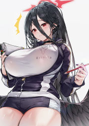 Rule 34 | 1girl, black hair, black jacket, black wings, blue archive, breasts, closed mouth, grey background, hair between eyes, halo, hasumi (blue archive), hasumi (track) (blue archive), highres, huge breasts, jacket, long hair, looking at viewer, low wings, official alternate costume, picter, red eyes, shirt, simple background, solo, thighs, track jacket, white shirt, wings