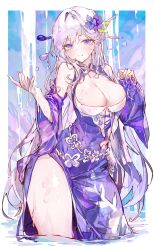 Rule 34 | absurdres, bare shoulders, breasts, cleavage, closed mouth, clothing cutout, cocoballking, dress, flower, hair flower, hair ornament, highres, long hair, looking at viewer, mole, mole under eye, original, purple dress, purple eyes, shoulder cutout, tagme, thighs, water, wet, white hair