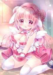 Rule 34 | 1girl, animal ears, back bow, black footwear, blush, bow, bow panties, braid, braided bun, breasts, chiika (cure cherish), chinese clothes, cleavage, cleavage cutout, clothing cutout, cuffs, cup, double bun, drinking glass, frilled panties, frills, hair between eyes, hair bow, hair bun, indoors, large breasts, long hair, nail polish, open mouth, oppai loli, original, panties, pantyshot, pink bow, pink eyes, pink hair, pink skirt, rabbit ears, shirt, shoes, sitting, skirt, sleeveless, solo, thighhighs, tray, underwear, wariza, wet, white panties, white shirt, white thighhighs, wings