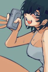 Rule 34 | 1girl, alcohol, beer, beer can, black hair, blush, breasts, can, chainsaw man, cleavage, drink can, drunk, eyepatch, grey background, grey tank top, highres, himeno (chainsaw man), large breasts, liowig, looking at viewer, looking down, open mouth, saliva, short hair, solo, sweat, tank top, thighs