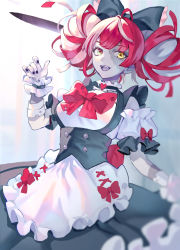 Rule 34 | 1girl, ahoge, alternate breast size, alternate costume, apron, bandaged wrist, bandages, black dress, black nails, bow, bowtie, breasts, choker, colored skin, double bun, dress, fangs, fingernails, frilled choker, frilled dress, frills, grey skin, hair bow, hair bun, hand up, heart, heart choker, heterochromia, highres, hololive, hololive indonesia, kureiji ollie, medium breasts, messy hair, nail polish, patchwork skin, ptaki 2, smile, solo, stitched arm, stitched face, stitches, sword, virtual youtuber, weapon, yellow eyes, zenmai