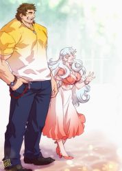 Rule 34 | 1boy, 1girl, alternate costume, artemis (fate), bara, bracelet, breasts, brown hair, closed eyes, couple, denim, dress, fate/grand order, fate (series), full body, giant, giant male, gradient clothes, hand in pocket, hetero, holding hands, jeans, jewelry, large breasts, large pectorals, long hair, manly, muscular, necklace, open mouth, orion (bear) (fate), pants, pectorals, ryuuki garyuu, short sleeves, smile, super orion (fate), thick eyebrows, white hair