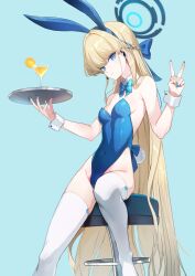 Rule 34 | 1girl, absurdly long hair, animal ears, backless leotard, bar stool, bare shoulders, blonde hair, blue archive, blue background, blue bow, blue bowtie, blue eyes, blue hairband, blue leotard, blue nails, blunt bangs, bow, bowtie, breasts, cocktail, cocktail glass, covered navel, cup, detached collar, drinking glass, earpiece, fake animal ears, fake tail, food, fruit, hairband, halo, highleg, highleg leotard, highres, holding, holding tray, leotard, long hair, looking at viewer, official alternate costume, orange (fruit), orange slice, playboy bunny, rabbit ears, rabbit tail, rui rubellent, sitting, small breasts, solo, stool, strapless, strapless leotard, tail, thighhighs, toki (blue archive), toki (bunny) (blue archive), tray, tropical drink, v, very long hair, white thighhighs, wrist cuffs