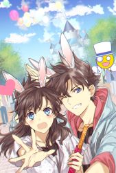 Rule 34 | 1boy, 1girl, ;d, animal ears, blue eyes, blue jacket, blue sky, brown hair, cloud, couple, day, embarrassed, fake animal ears, floating hair, grin, hairband, heart, holding, hood, hood down, hooded jacket, jacket, kudou shin&#039;ichi, long hair, looking at viewer, meitantei conan, mouri ran, one eye closed, open mouth, outdoors, outstretched arm, ro-a, shirt, short sleeves, sky, smile, upper body, white hairband, white shirt